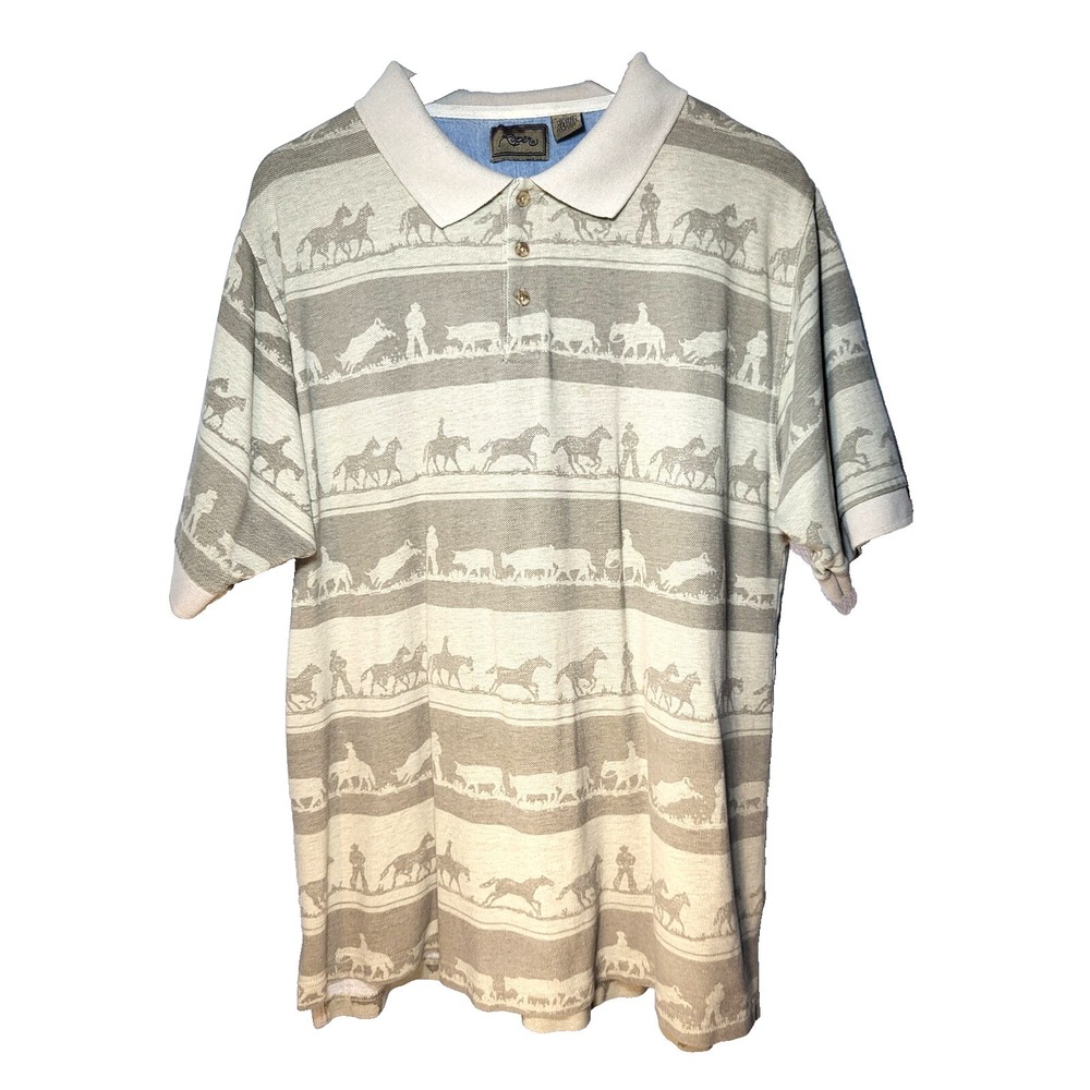 Roper Polo Tan Khaki‎ Short Sleeve Textured Cotton Cowboy Horses Cattle Shirt XL